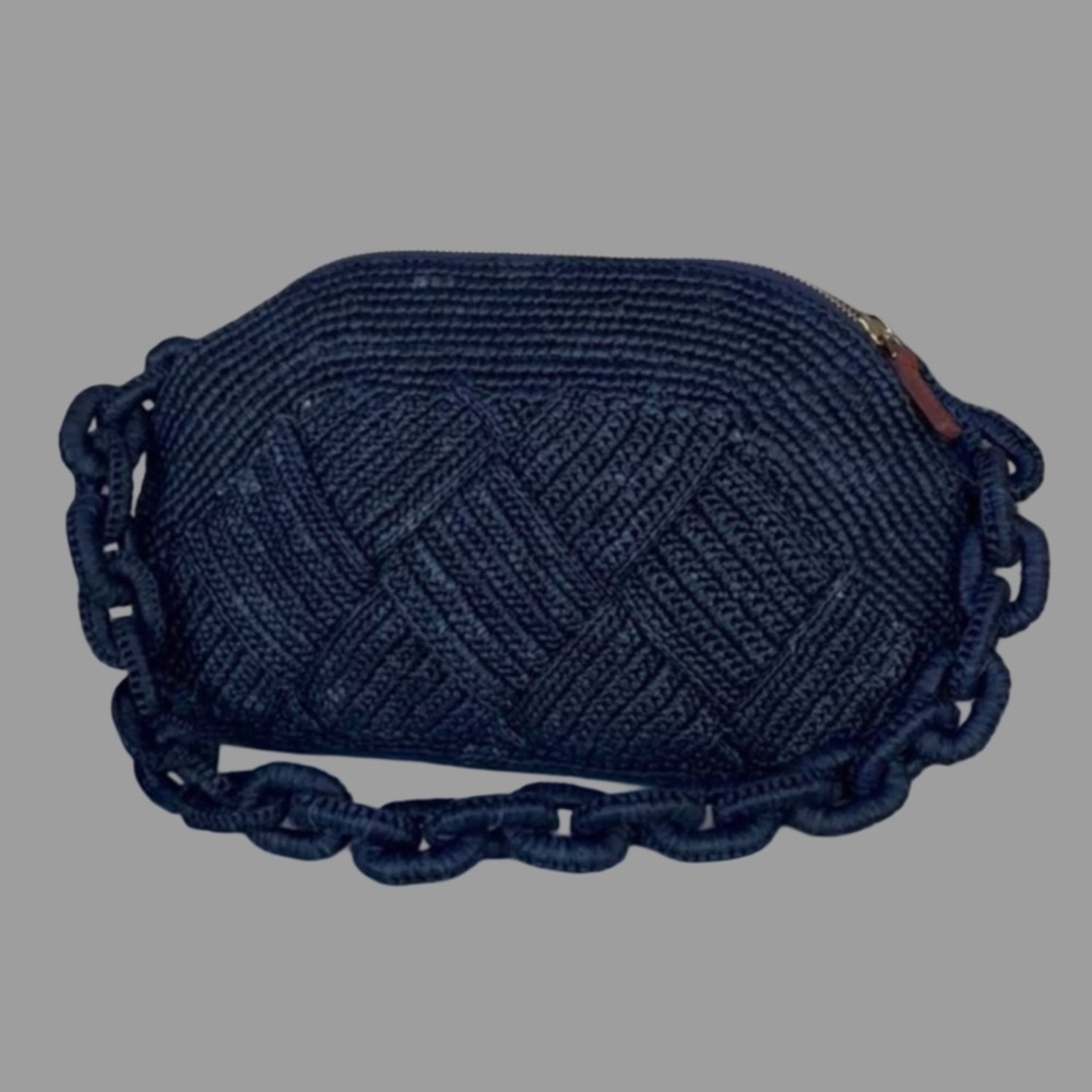 SEZANE Navy Blue Woven Braided Raffia Shoulder Bag Chain Link Strap Isabelle Bag - Picture 6 of 14